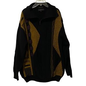 Vtg 90s Bugatchi Mens 1/4 Zip Sweater XL Black 3D Textured Italy Streetwear